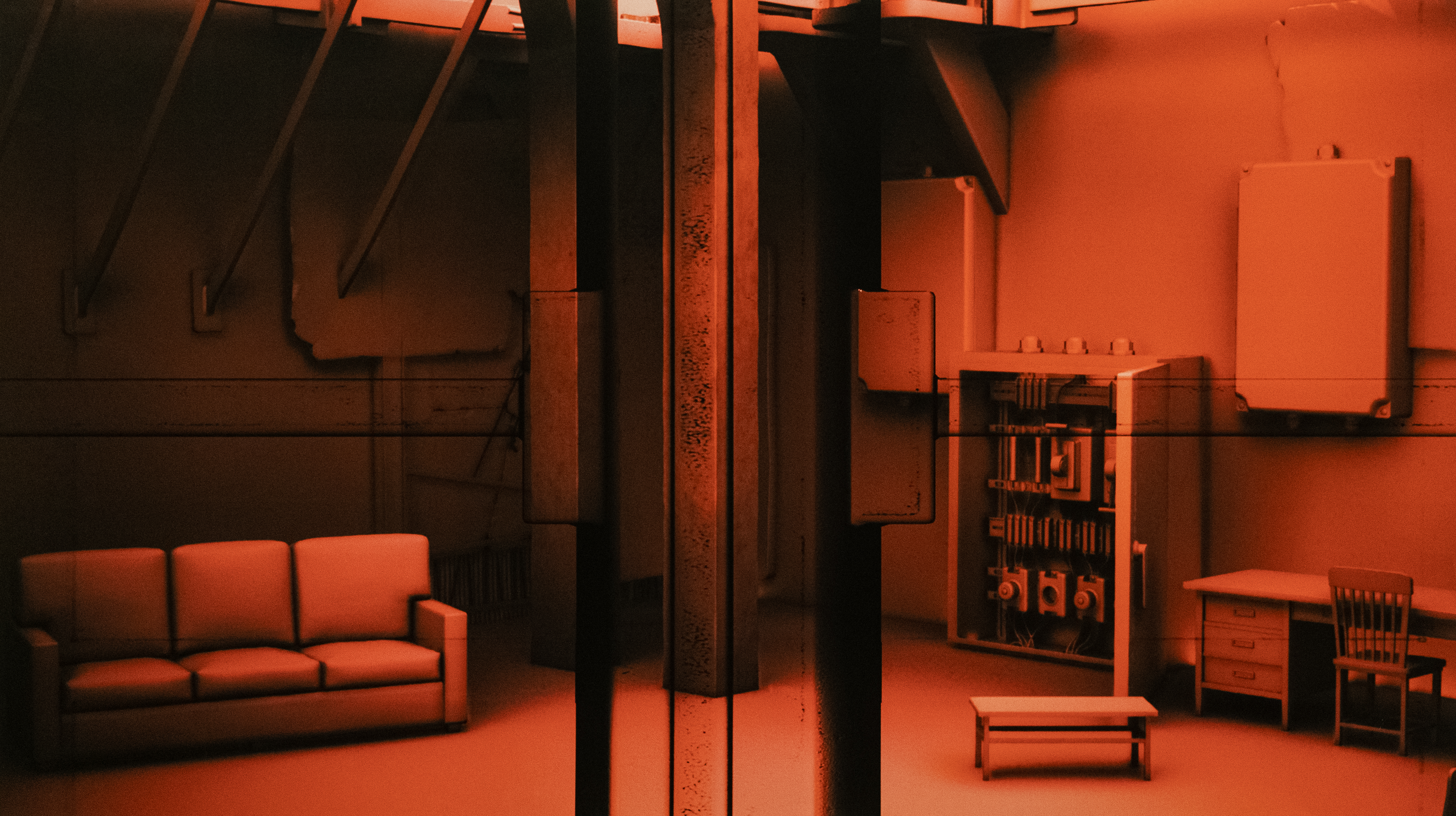 Deep red 3D interior — the embodiment of a collapsed domestic space